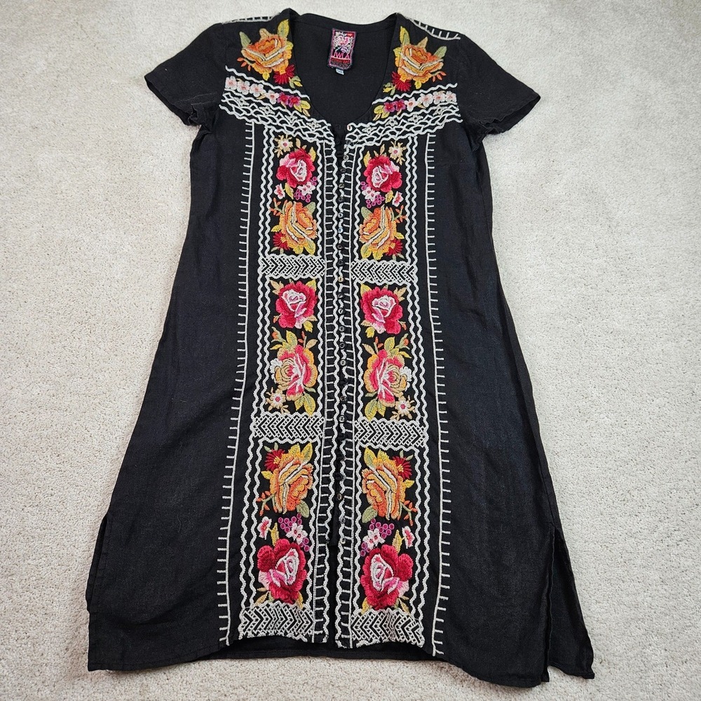 Johnny Was JWLA Sz XS Linen Dress Boho Folk Floral Embroidered Artisan Festival